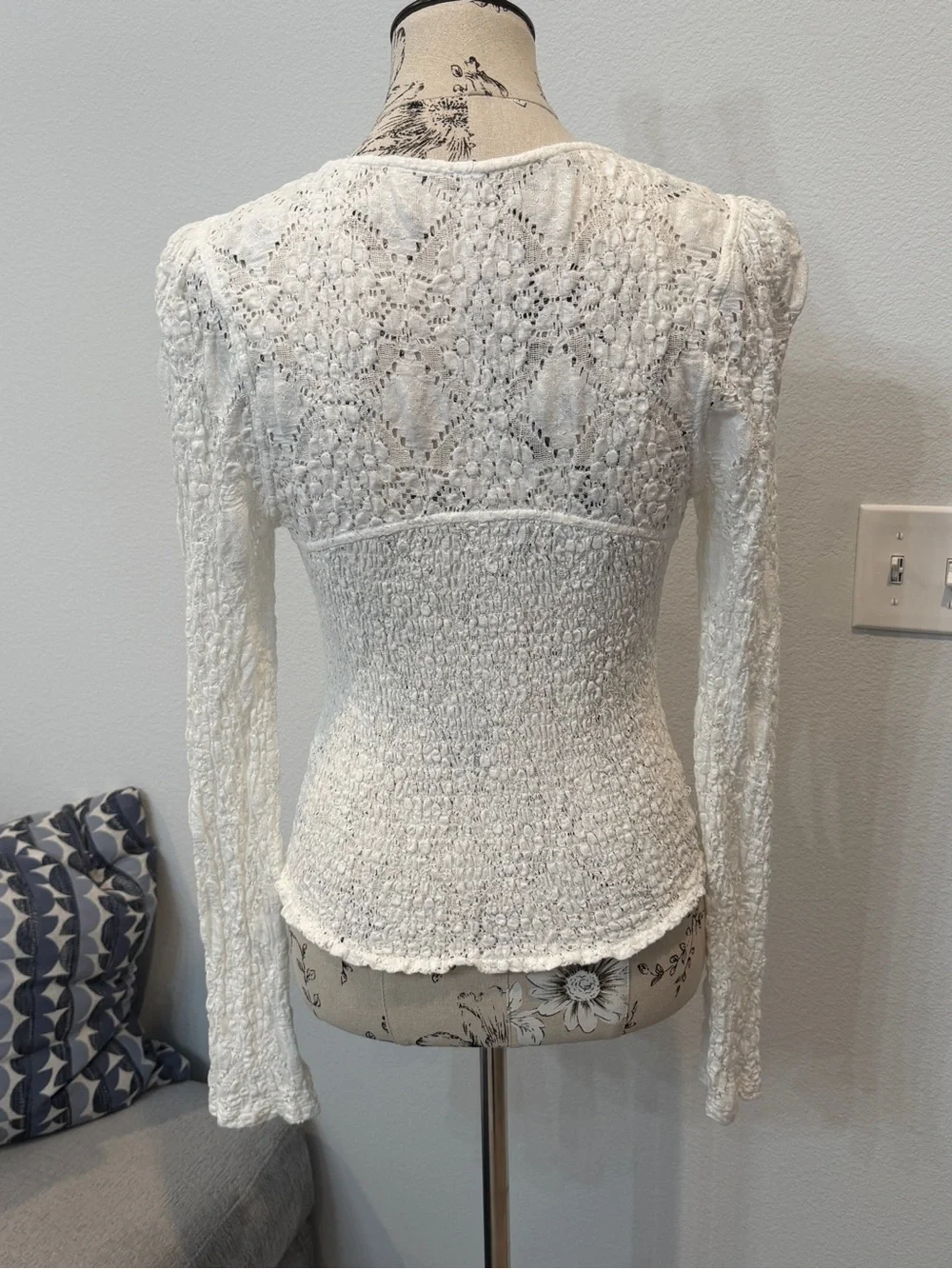 Free People White Lace Square-Neck Smocked Long-Sleeve Top